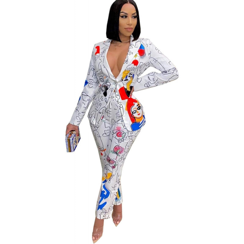 Recious Womens Sexy 2 Pieces Denim Printed Zipper Jackets Bodycon Pants Party Clubwear Tracksuit Outfits Set