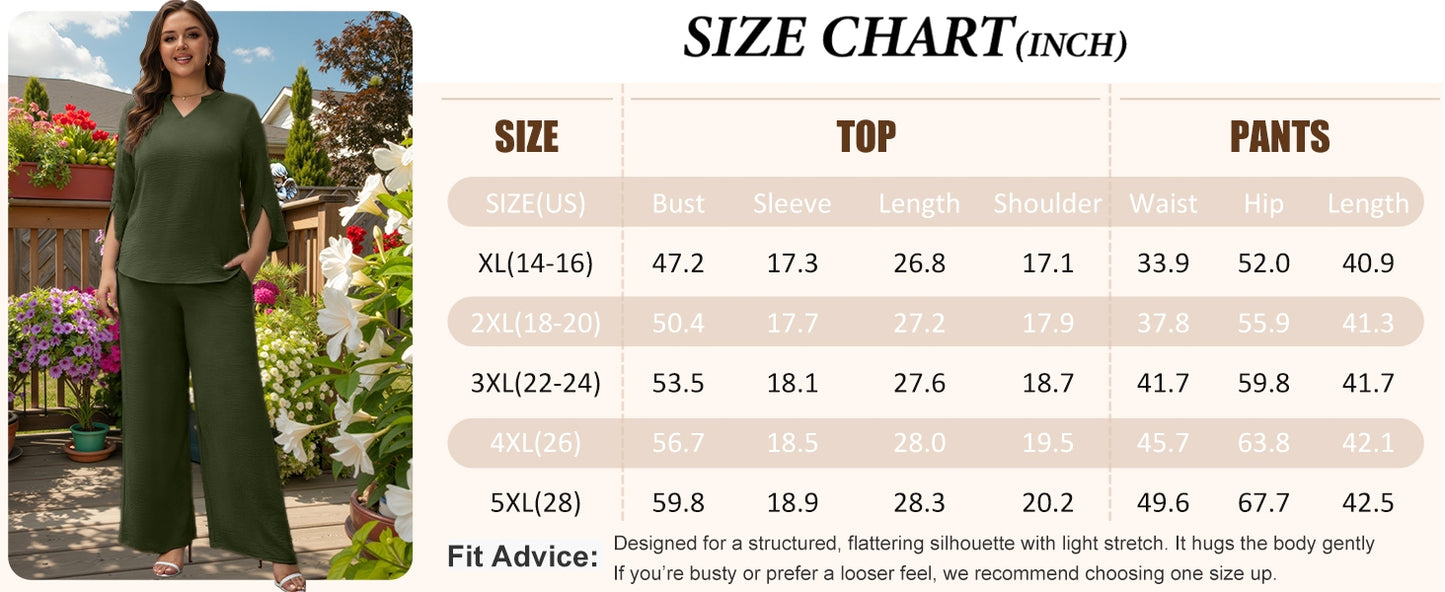 Pants Suits for Women Dressy Plus Size 2 Piece Sets 3/4 Sleeve Blouse Wide Leg Pant for Business Casual & Daily Wear