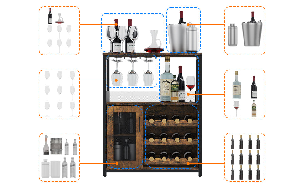 3-Tier Wine Bar Cabinet with Detachable Wine Rack and Storage Space, Buffet Cabinet with Glass Holder and Mesh Door, for Kitchen, Living Room and Bar .Rustic Brown.