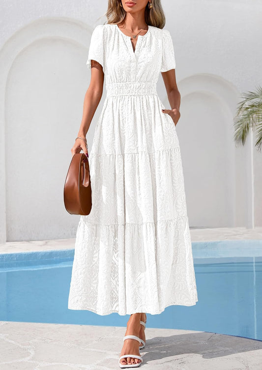 PRETTYGARDEN Womens Maxi Dress 2026 Floral Summer Spring Embroidered Boho Short Sleeve V Neck A Line Wedding Guest Dresses