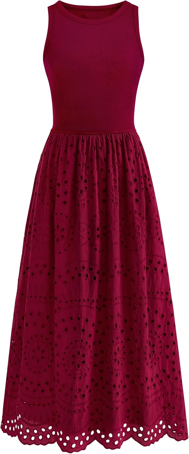 dowerme Women Summer Dresses 2026 Casual Sleeveless Crewneck A-Line Boho Lace Eyelet Cotton Tank Maxi Dress with Pockets