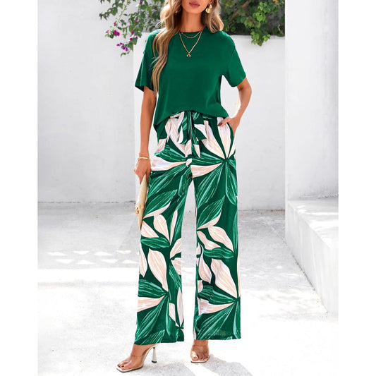PRETTYGARDEN Women Summer 2 Piece Outfits 2026 Short Sleeve Knit Top Floral Print Belted Wide Leg Pant Sets With Pockets