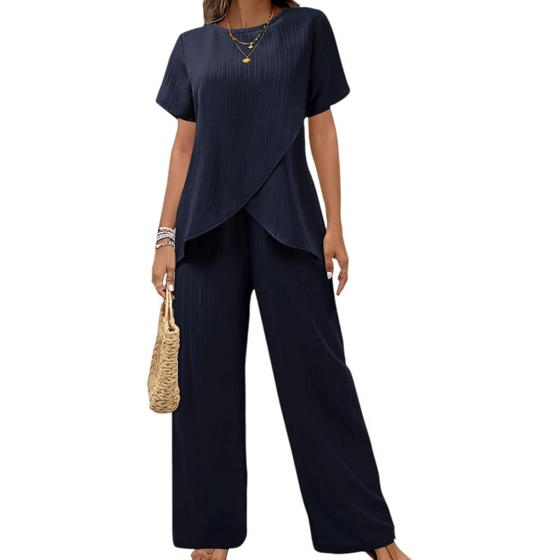 Pants Suits for Women Dressy Casual Summer Outfits 2026 Short Sleeve Ruffle Layered Tops Wide Leg Pants Matching Set