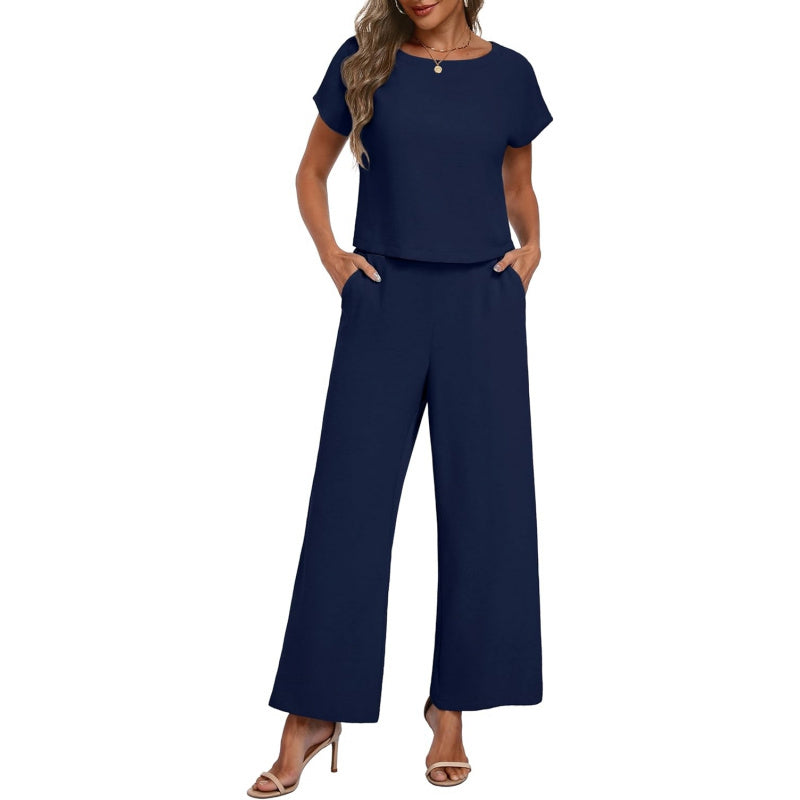 Lepunuo 2 Piece Sets for Women Summer Cap Sleeve Crop Top Wide Leg Pants Matching Lounge Set Vacation Beach Travel Outfits
