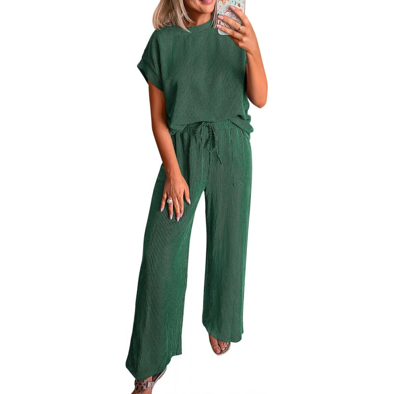 KIRUNDO 2 Piece Sets for Women Dressy Casual Ribbed Knit Short Sleeve Tops Wide Leg Pants Lounge Set Travel Airport Outfits