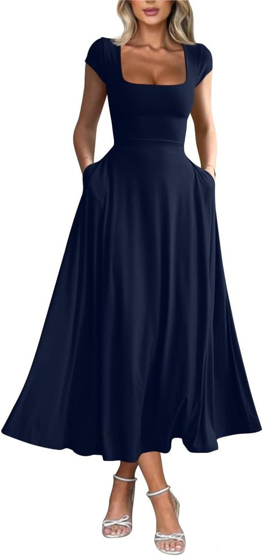 YMDUCH Women's Casual Short Sleeve Square Neck Solid Slim Flowy Maxi Dress with Pockets