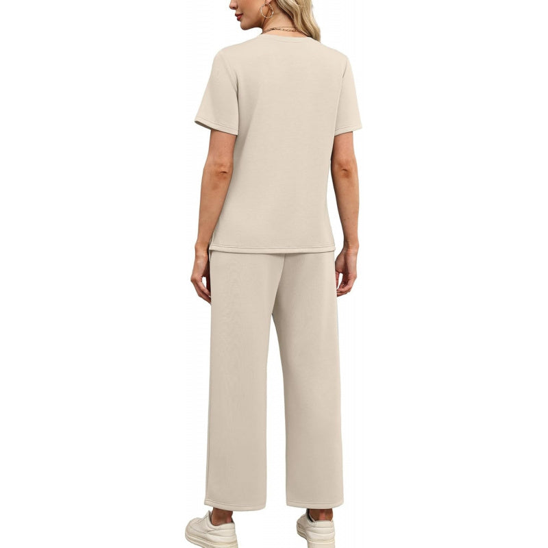 WIHOLL Two Piece Sets for Women Summer Spring Travel Vacation Outfits Short Sleeve Lounge Sets Side Slit Wide Leg Pants S-3XL