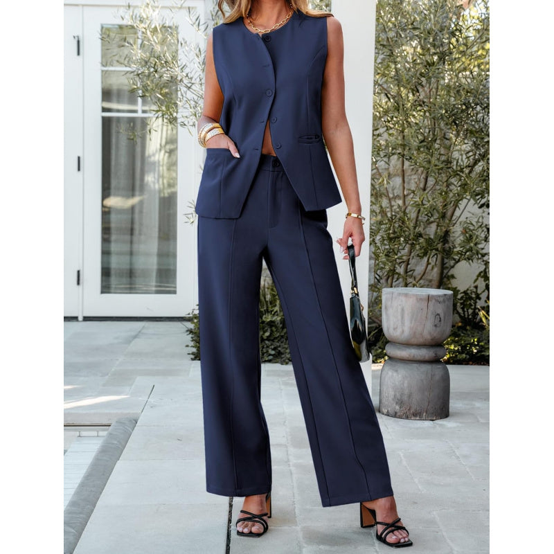 luvamia Vest Pants Suits for Women Dressy 2 Piece Business Casual Outfits Sleeveless Blazer Wide Leg Pants Pantsuit Sets