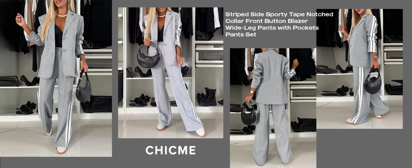 CHICME Womens Two Piece Outfits Striped Side Button Blazer and Pants with Pockets Sets Business Casual Pant Suits Set