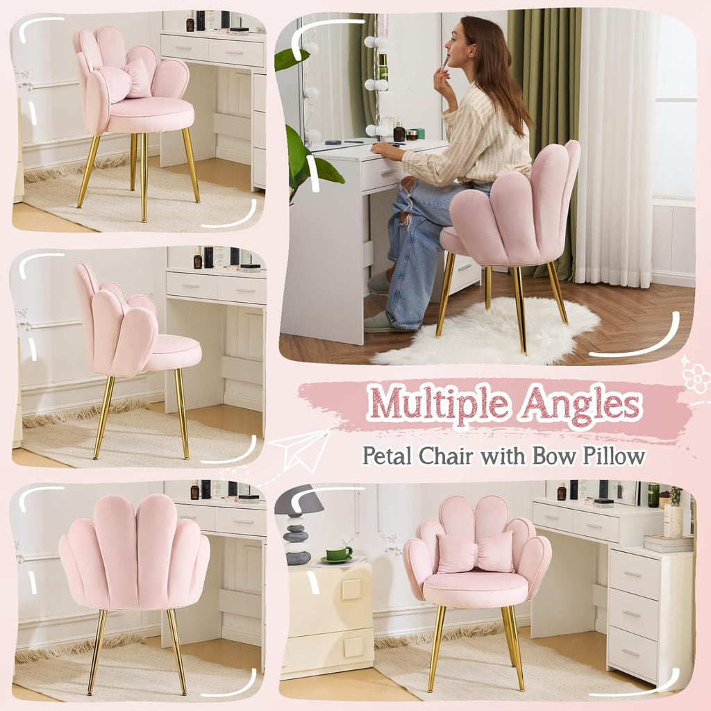Makeup Vanity Chair with Back,Flower Cute Girls Desk Chair Comfy No Wheels,Modern Dining Chair,Small Accent Chair with Adustable Gold Legs&Bow Pillow for Home Office,Bedroom,Velvet,Pink