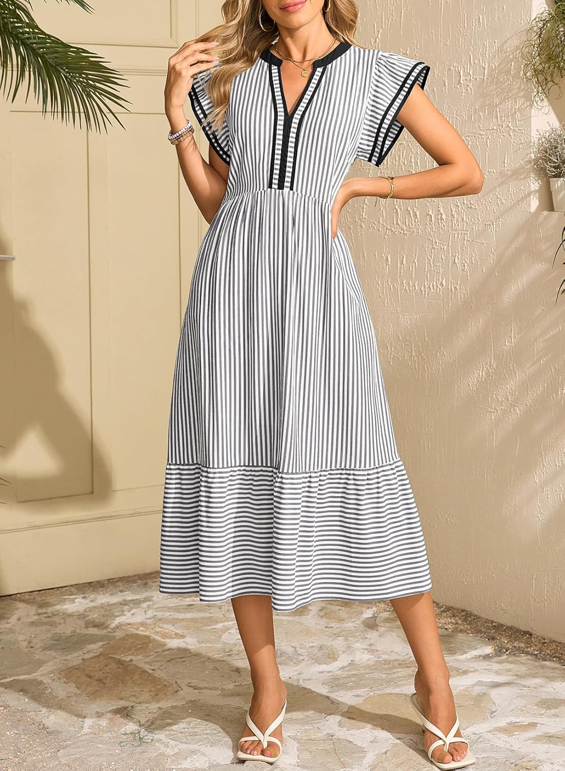 Dokotoo Womens Dresses 2026 Summer V-Neck Ruffle Cap Sleeve Empire Waist Flowy Striped Beach Midi Maxi Dress with Pockets