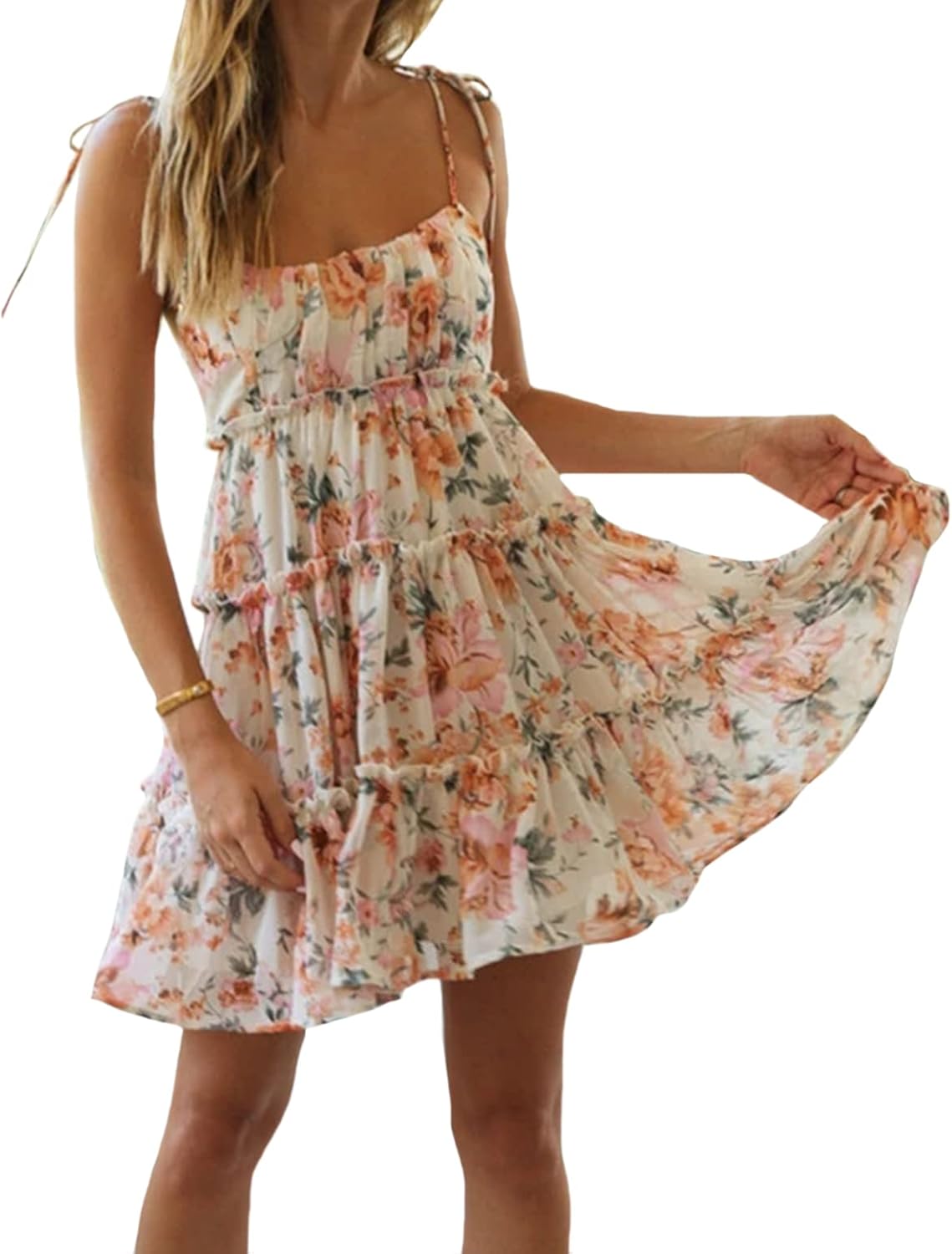 Mansy Womens 2026 Summer Floral Mini Dress Boho Flowy Skater Dresses Short Sleeveless Ruffle Spaghetti Strap Dress