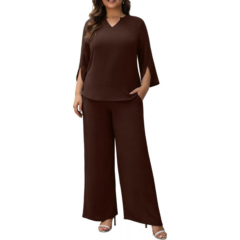 Pants Suits for Women Dressy Plus Size 2 Piece Sets 3/4 Sleeve Blouse Wide Leg Pant for Business Casual & Daily Wear