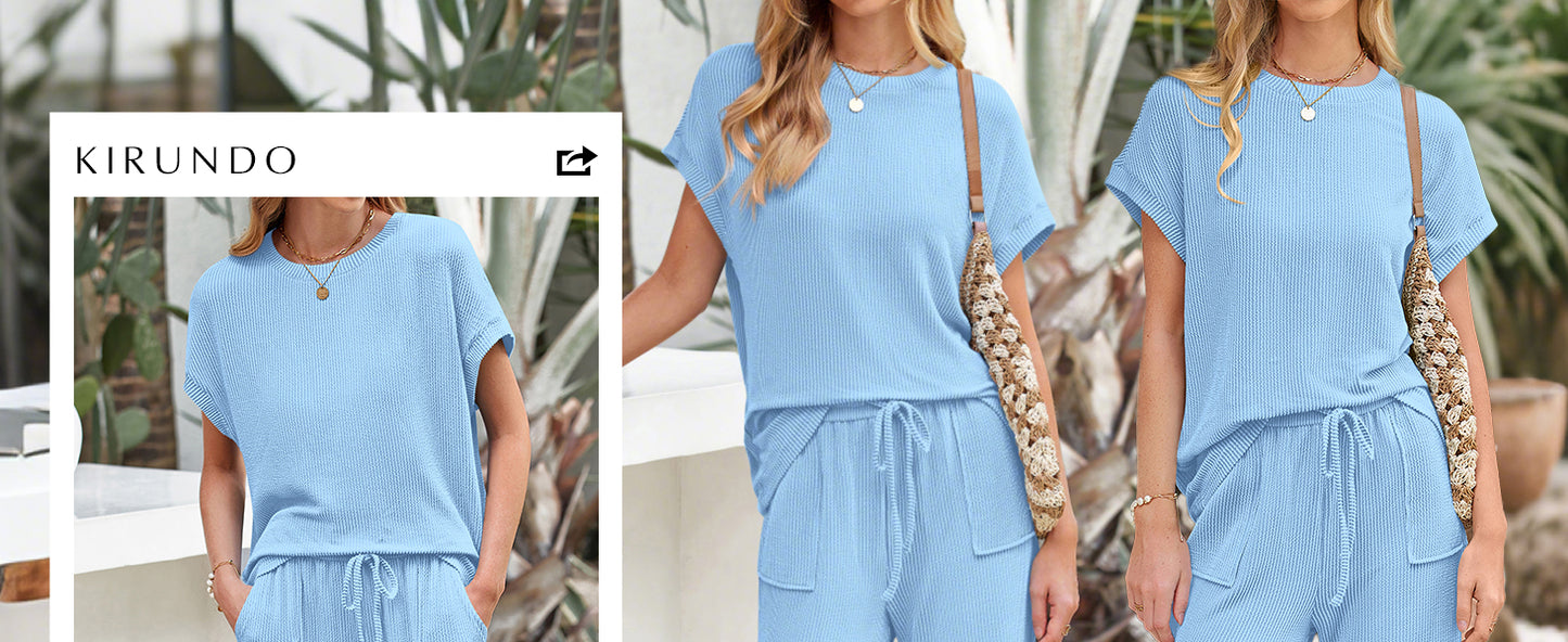 KIRUNDO 2 Piece Sets for Women Dressy Casual Ribbed Knit Short Sleeve Tops Wide Leg Pants Lounge Set Travel Airport Outfits