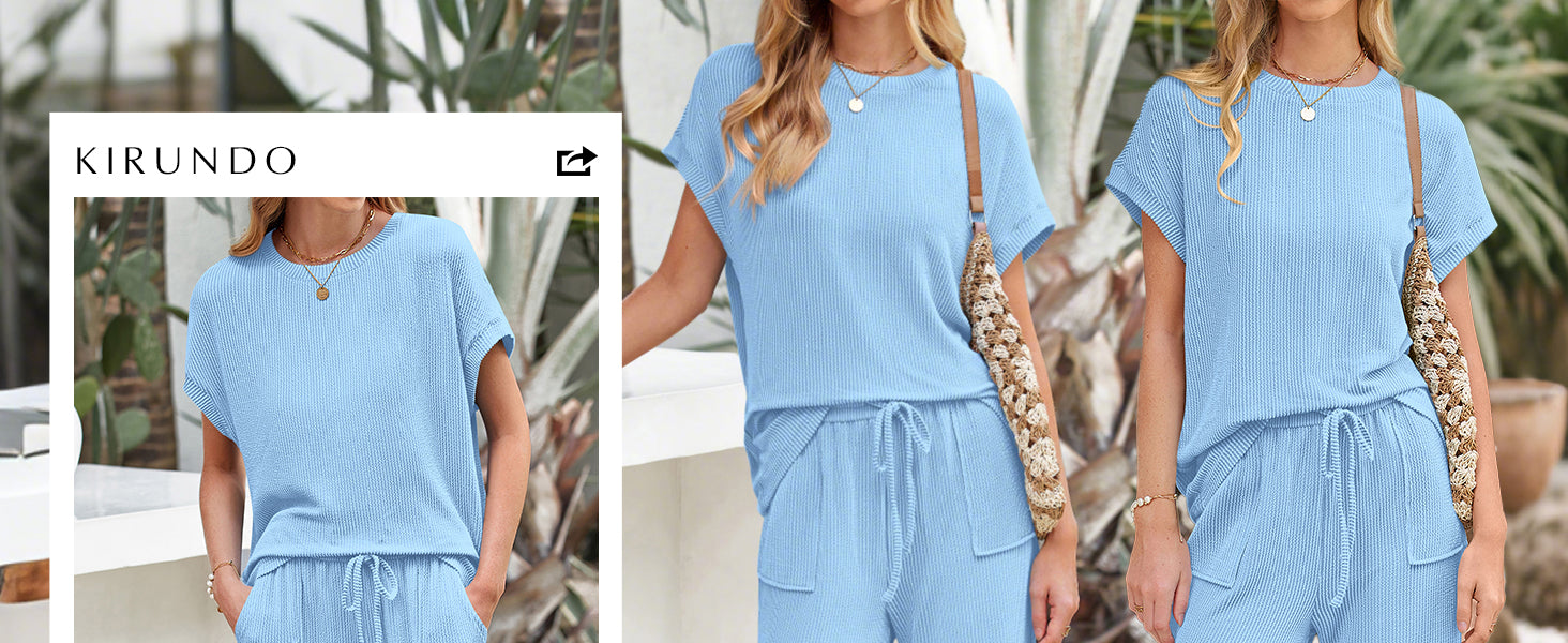 KIRUNDO 2 Piece Sets for Women Dressy Casual Ribbed Knit Short Sleeve Tops Wide Leg Pants Lounge Set Travel Airport Outfits