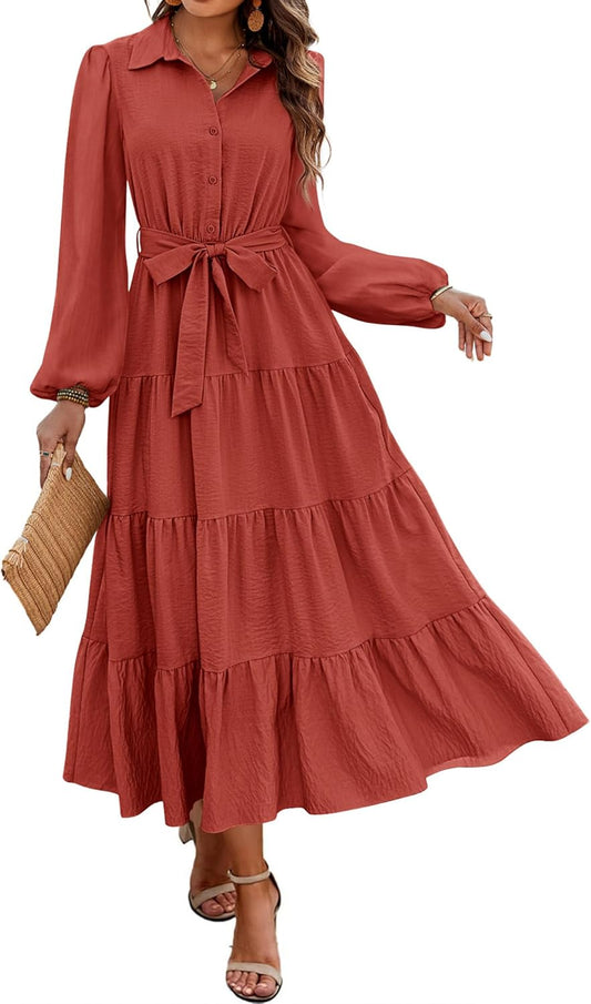 dowerme Women's Long Sleeve Dress 2026 Button Down Belted A-Line Flowy Spring Outfits Ruffle Maxi Holiday Party Dresses