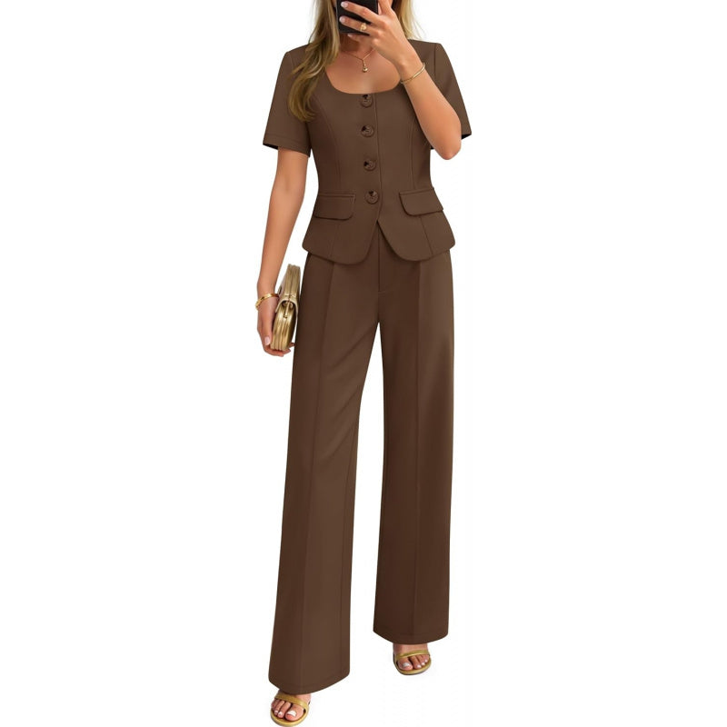 ZESICA Women's Summer Two Pieces Suits Set 2026 Short Sleeve Blazer Wide Leg Pants Business Casual Outfits Sets