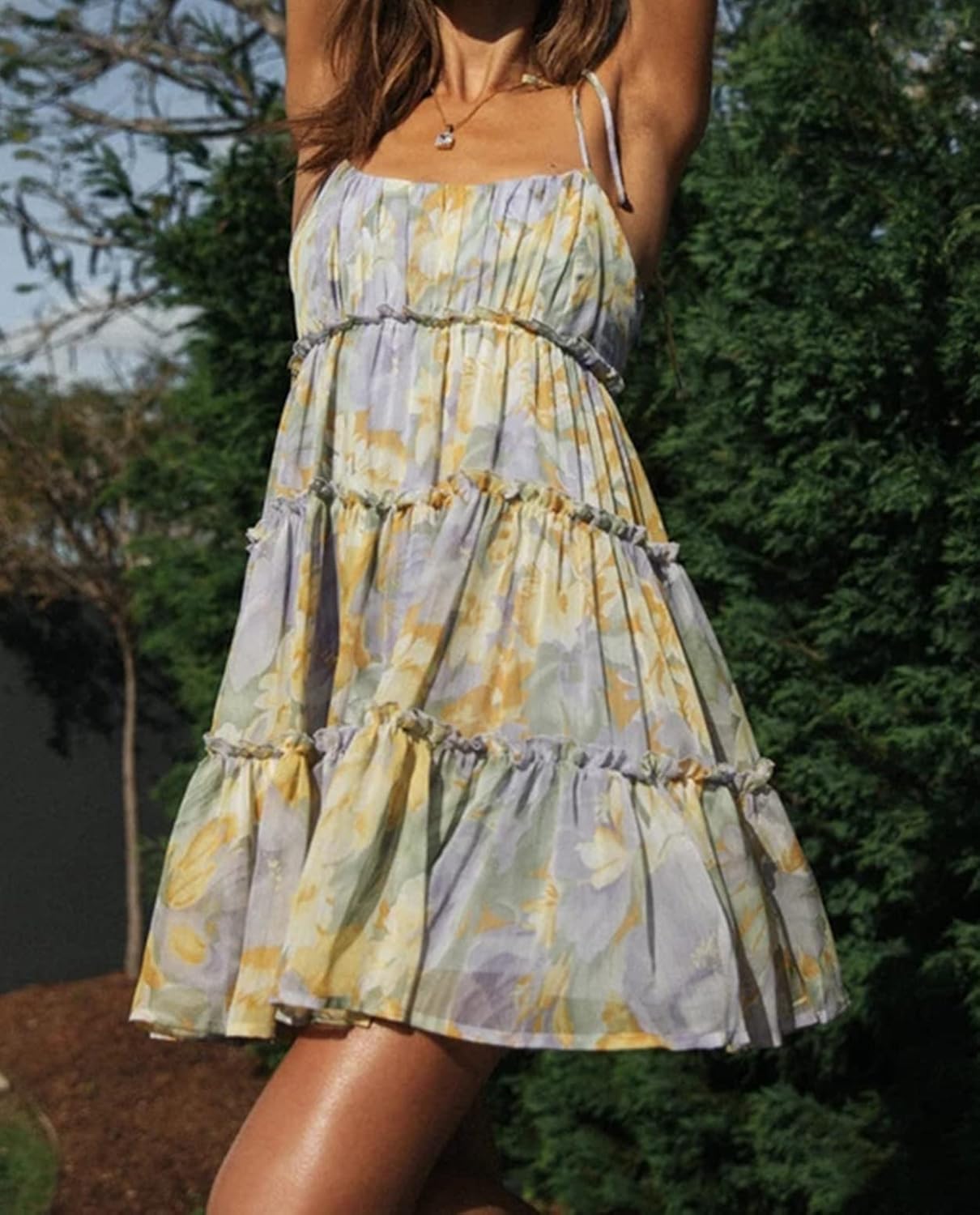 Mansy Womens 2026 Summer Floral Mini Dress Boho Flowy Skater Dresses Short Sleeveless Ruffle Spaghetti Strap Dress