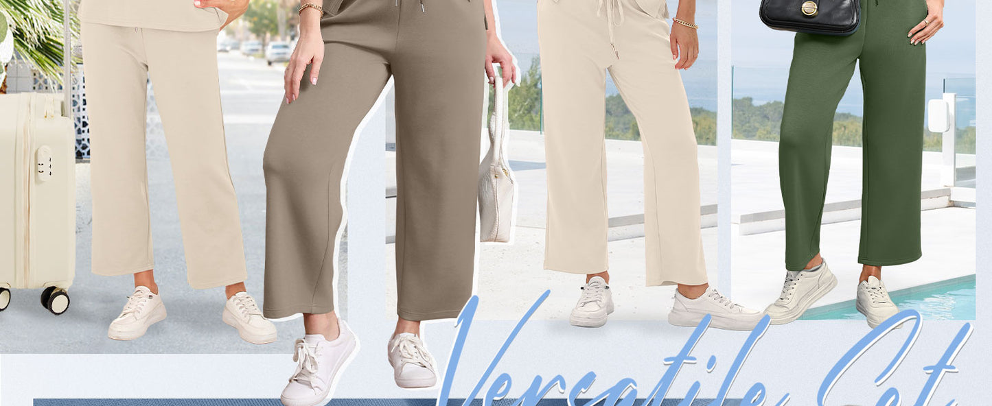 WIHOLL Two Piece Sets for Women Summer Spring Travel Vacation Outfits Short Sleeve Lounge Sets Side Slit Wide Leg Pants S-3XL