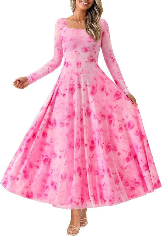 BTFBM Women Maxi Dress Fall 2026 Fashion Elegant Long Sleeve Square Neck Floral Print Party Club Wedding Guest Dresses