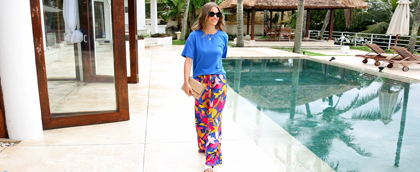 PRETTYGARDEN Women Summer 2 Piece Outfits 2026 Short Sleeve Knit Top Floral Print Belted Wide Leg Pant Sets With Pockets