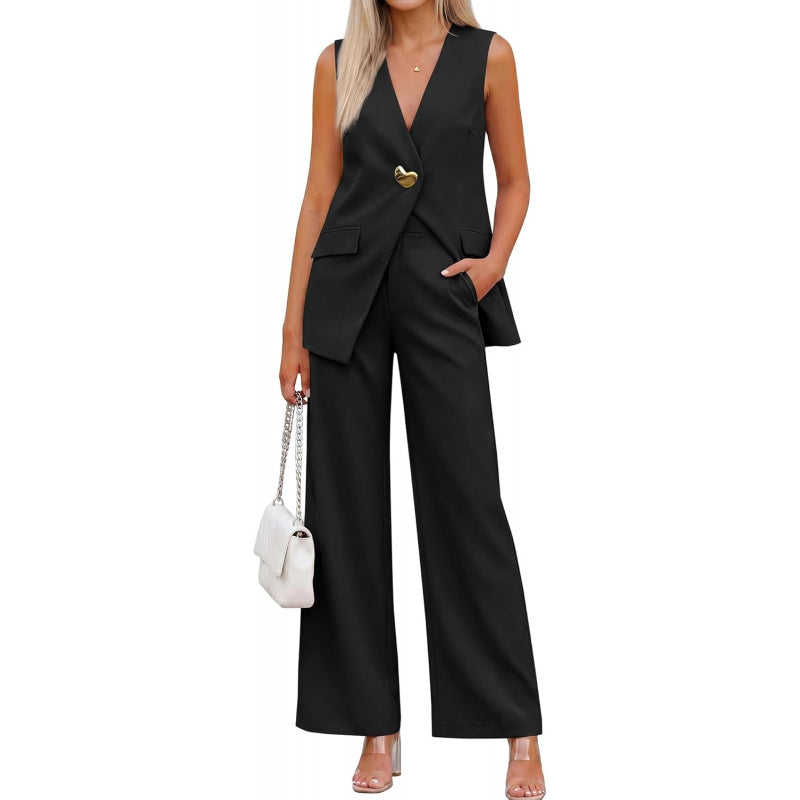 KIRUNDO Pant Suits for Women Dressy 2 Piece Business Casual Outfits Summer Sleeveless Blazer Vest Wide Leg Pantsuit Sets
