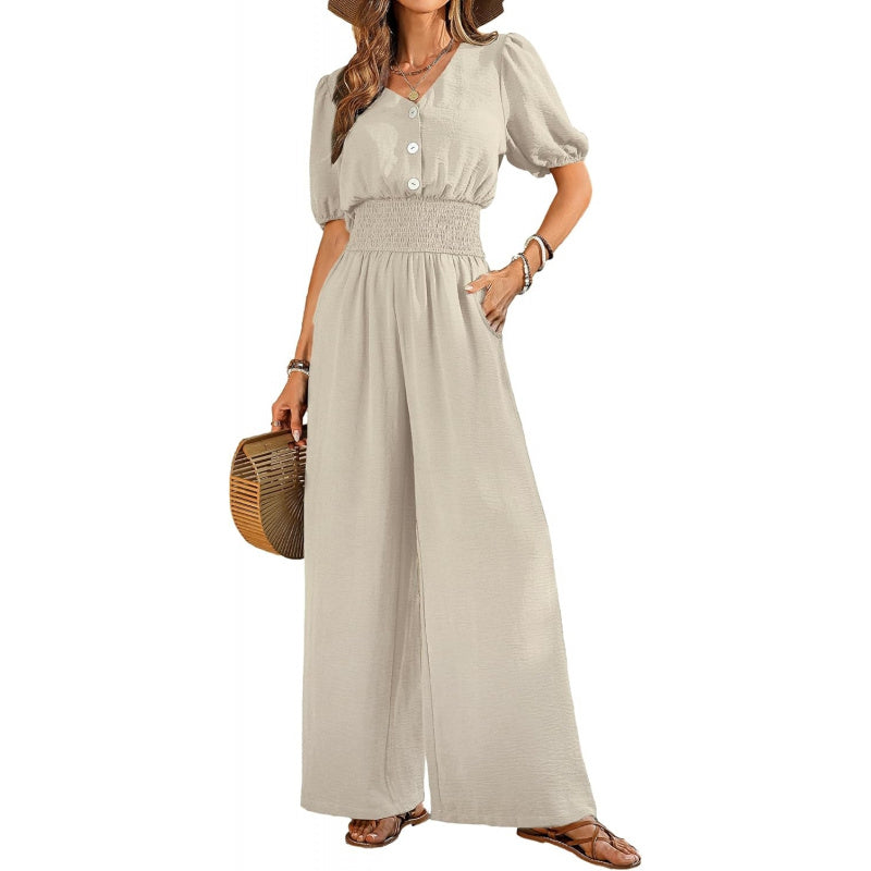 LOOKBOHO Womens Jumpsuits Short Sleeve V Neck Dressy Casual Wide Leg Pants Romper 2026 Summer One Piece Outfits