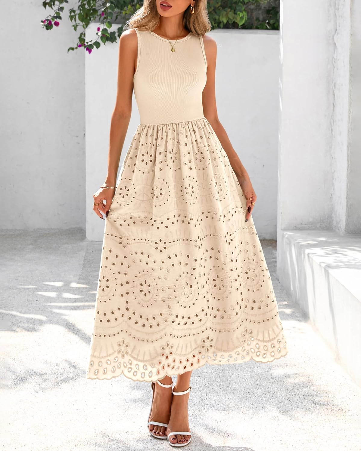 dowerme Women Summer Dresses 2026 Casual Sleeveless Crewneck A-Line Boho Lace Eyelet Cotton Tank Maxi Dress with Pockets