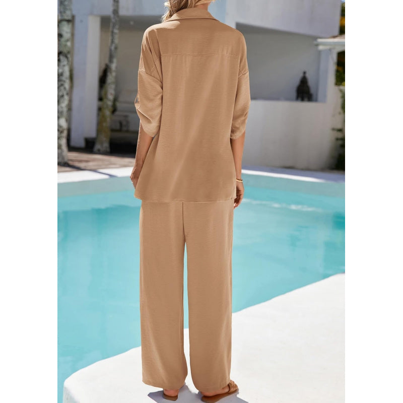 KIRUNDO Two Piece Sets for Women Spring Outfits 2026 Summer Fall Dressy Casual Button Down Shirt Wide Leg Pants Lounge Set