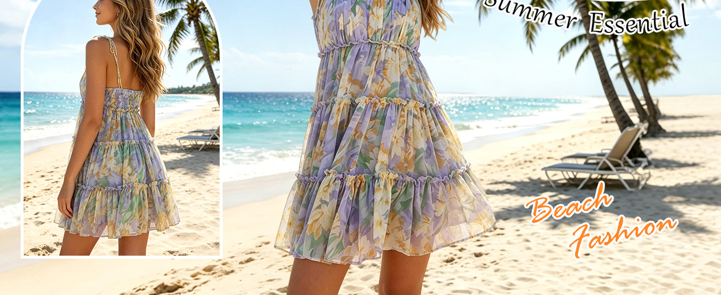 Mansy Womens 2026 Summer Floral Mini Dress Boho Flowy Skater Dresses Short Sleeveless Ruffle Spaghetti Strap Dress