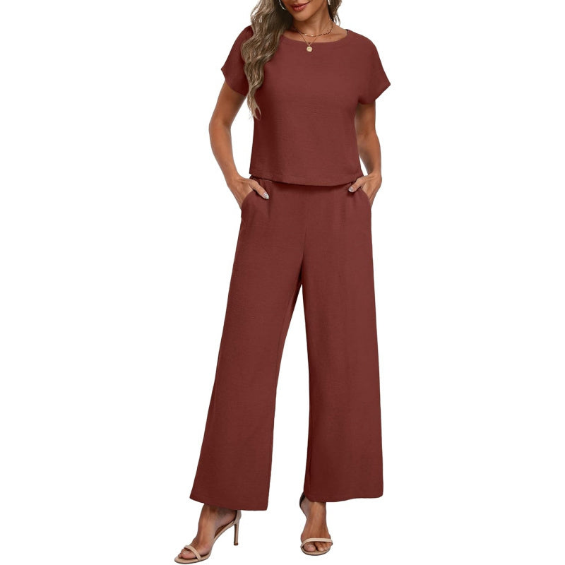 Lepunuo 2 Piece Sets for Women Summer Cap Sleeve Crop Top Wide Leg Pants Matching Lounge Set Vacation Beach Travel Outfits