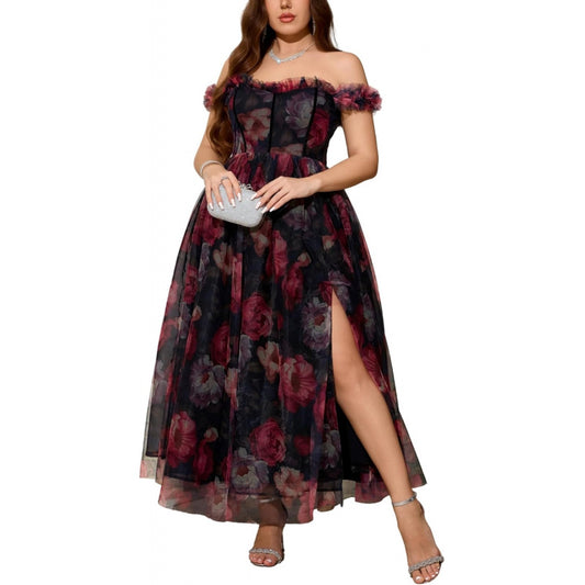 Women's Plus Size Formal Party Cocktail Dress, Wedding Guest Evening Gown with Slit - Off Shoulder Floral Tulle Maxi Dress