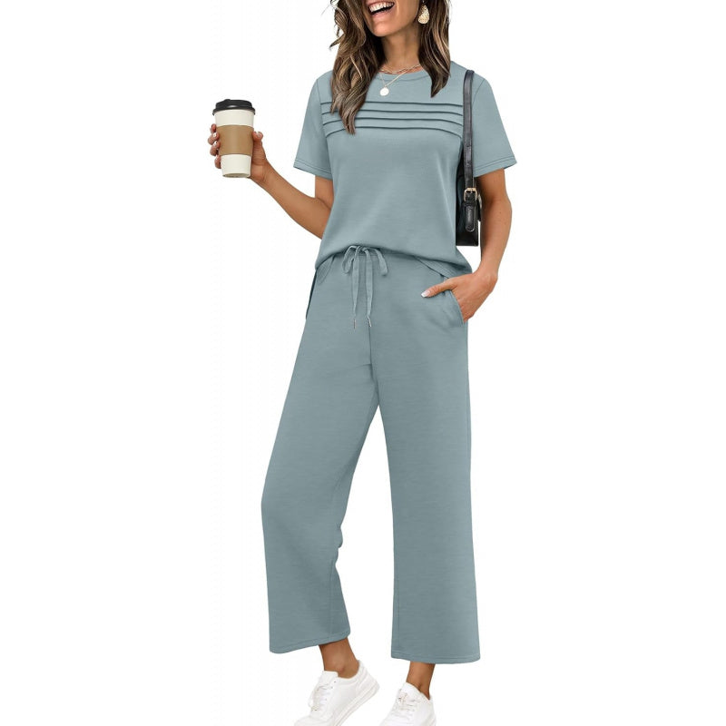 WIHOLL Two Piece Sets for Women Summer Spring Travel Vacation Outfits Short Sleeve Lounge Sets Side Slit Wide Leg Pants S-3XL