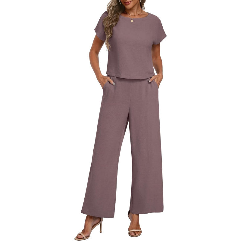 Lepunuo 2 Piece Sets for Women Summer Cap Sleeve Crop Top Wide Leg Pants Matching Lounge Set Vacation Beach Travel Outfits
