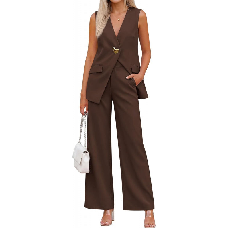 KIRUNDO Pant Suits for Women Dressy 2 Piece Business Casual Outfits Summer Sleeveless Blazer Vest Wide Leg Pantsuit Sets