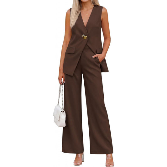 KIRUNDO Pant Suits for Women Dressy 2 Piece Business Casual Outfits Summer Sleeveless Blazer Vest Wide Leg Pantsuit Sets