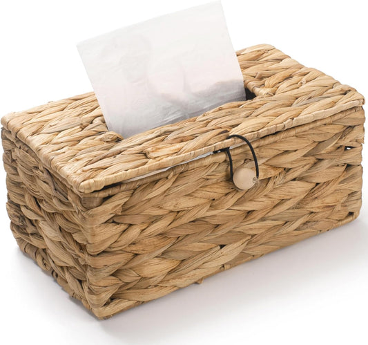 Tissue Box Cover Rectangular, Water Hyacinth Tissue Box Holder, Boho Decorative Woven Facial Tissue Holder for Bathroom, Kitchen, Living Room, Bedroom (Rectangular)