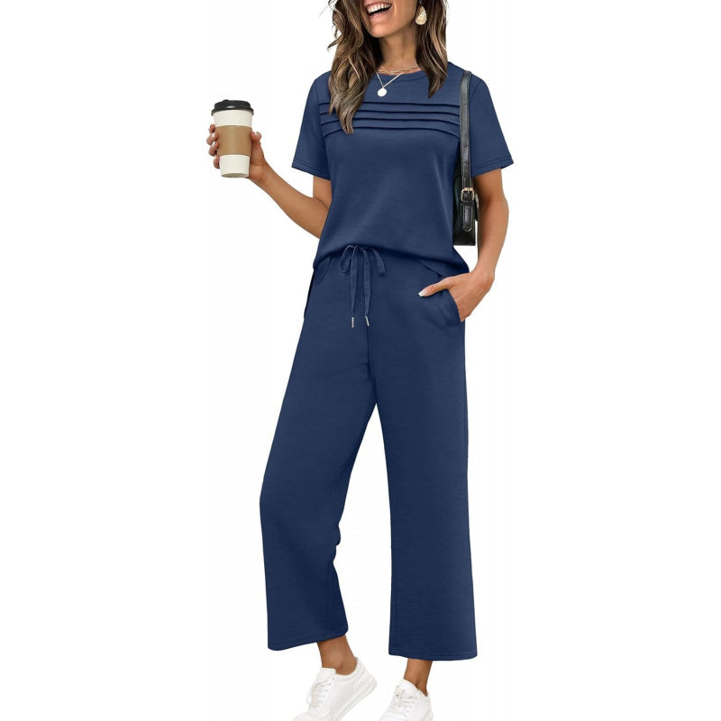 WIHOLL Two Piece Sets for Women Summer Spring Travel Vacation Outfits Short Sleeve Lounge Sets Side Slit Wide Leg Pants S-3XL
