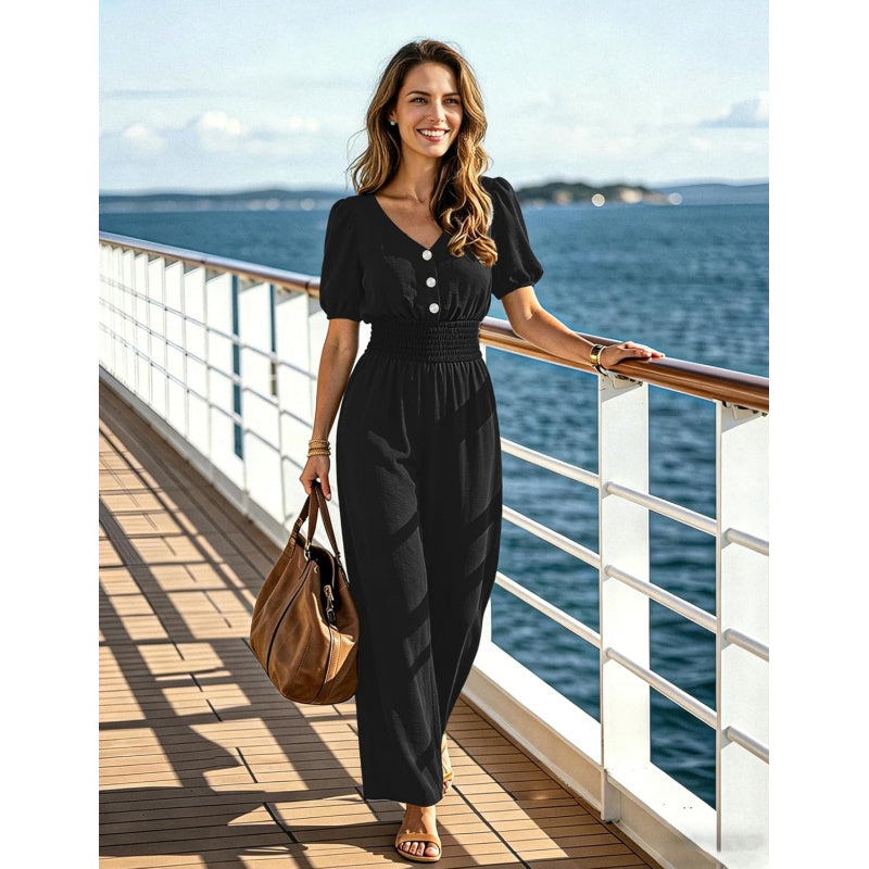 LOOKBOHO Womens Jumpsuits Short Sleeve V Neck Dressy Casual Wide Leg Pants Romper 2026 Summer One Piece Outfits