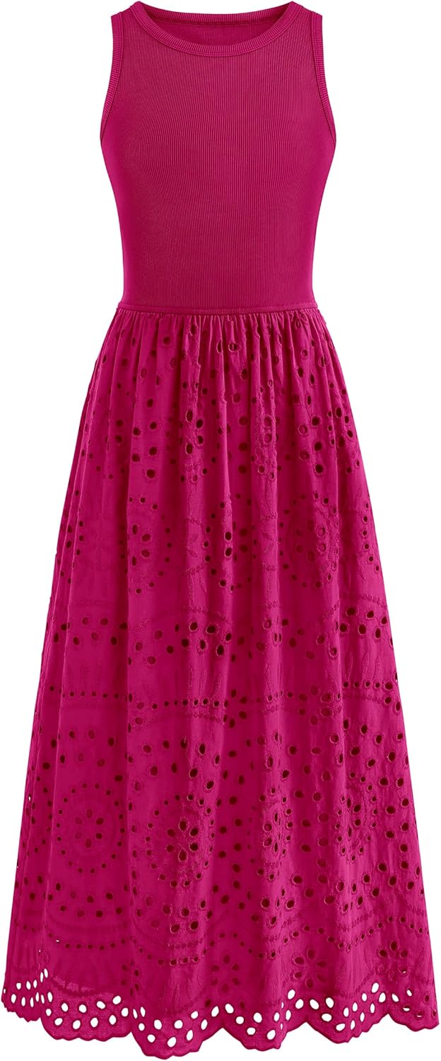 dowerme Women Summer Dresses 2026 Casual Sleeveless Crewneck A-Line Boho Lace Eyelet Cotton Tank Maxi Dress with Pockets