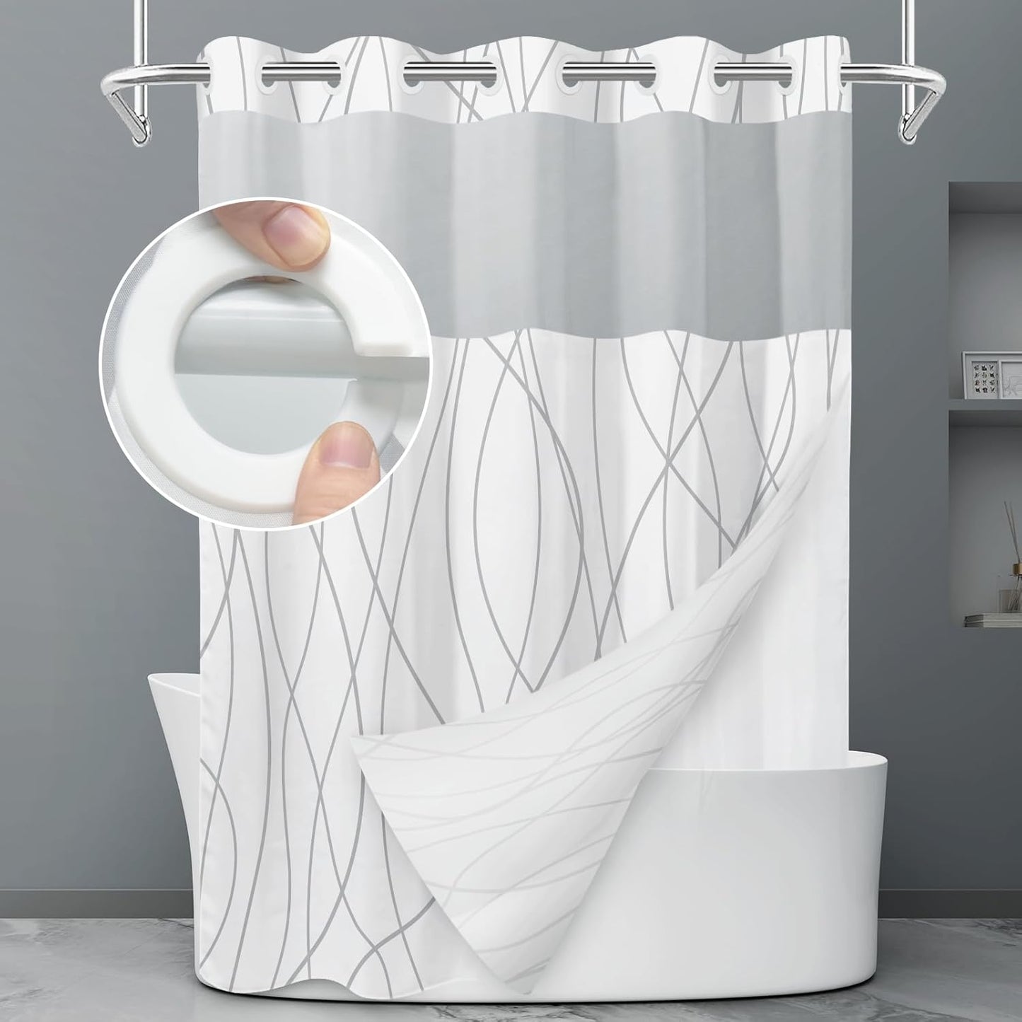 No Hook Grey White Striped Shower Curtain with Snap in Fabric Liner Set - Hotel Liner Set with See Through Mesh Top Window,Machine Washable, 71x74 INCH