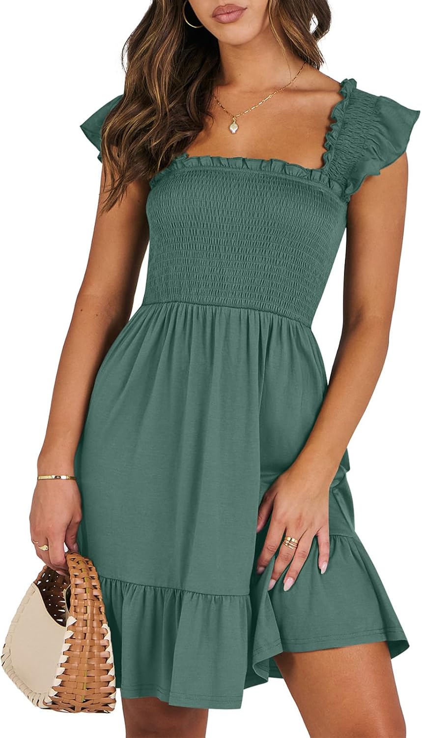 ANRABESS Women's Summer Casual Sleeveless Square Neck Dress 2026 Smocked Ruffle Backless Boho Beach Cute Teen Short Sundress