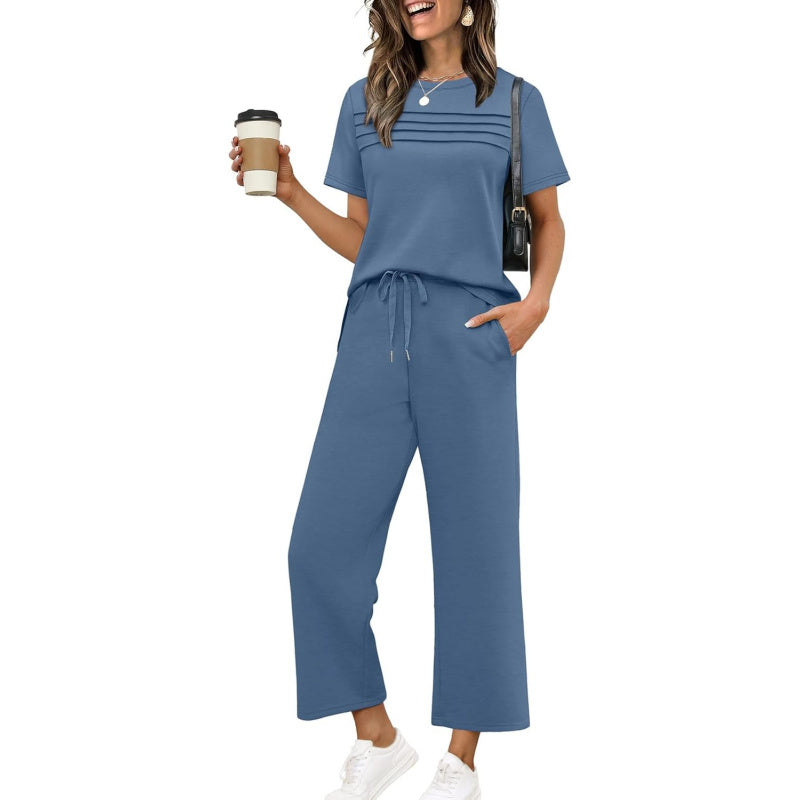 WIHOLL Two Piece Sets for Women Summer Spring Travel Vacation Outfits Short Sleeve Lounge Sets Side Slit Wide Leg Pants S-3XL