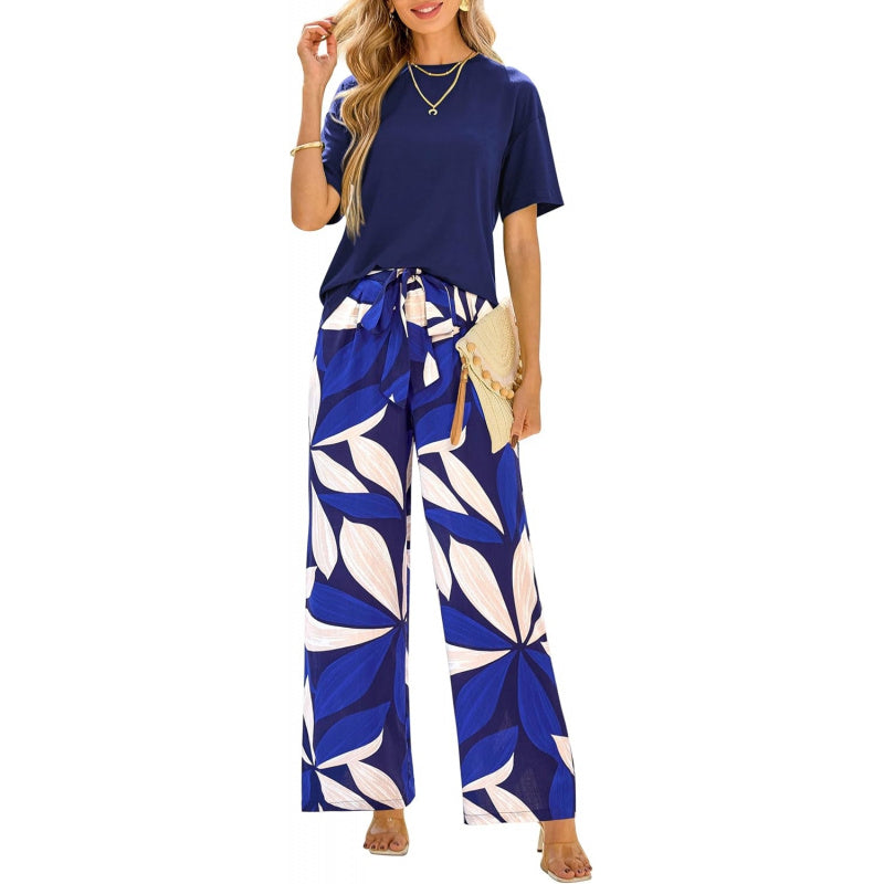 PRETTYGARDEN Women Summer 2 Piece Outfits 2026 Short Sleeve Knit Top Floral Print Belted Wide Leg Pant Sets With Pockets