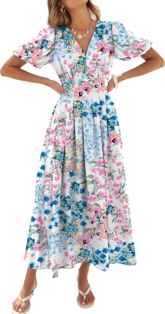 Caracilia Women’s Floral Maxi Dress,Spring Wedding Guest Formal Party,V Neck Puff Sleeve Full Lined,Summer Casual Dresses