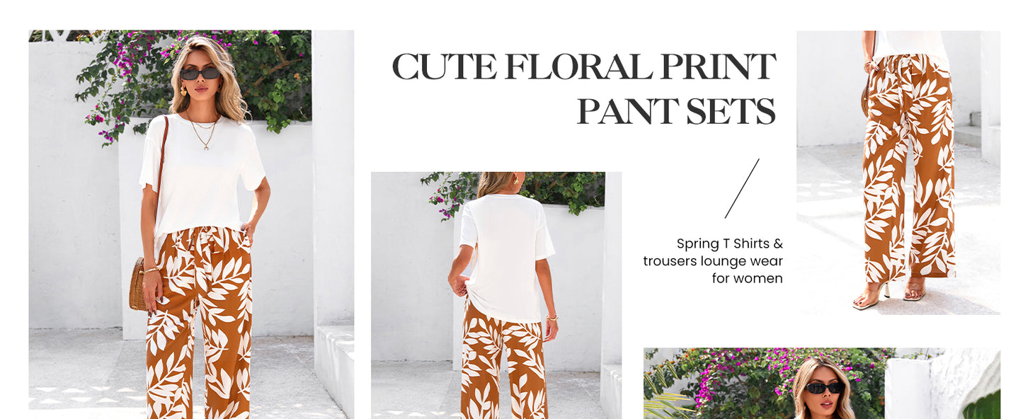 PRETTYGARDEN Women Summer 2 Piece Outfits 2026 Short Sleeve Knit Top Floral Print Belted Wide Leg Pant Sets With Pockets