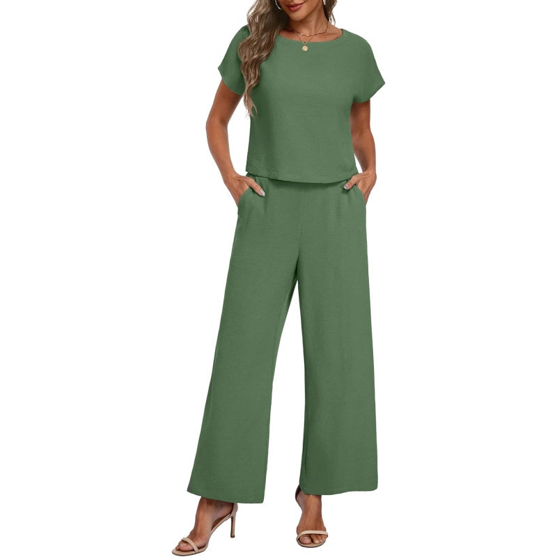 Lepunuo 2 Piece Sets for Women Summer Cap Sleeve Crop Top Wide Leg Pants Matching Lounge Set Vacation Beach Travel Outfits