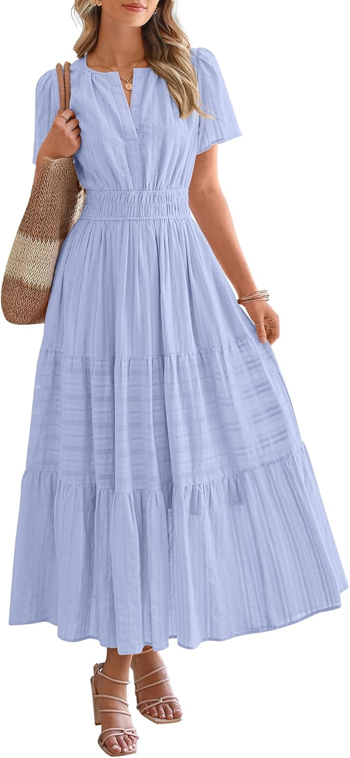 BTFBM Womens Summer 2026 Casual Midi Maxi Dresses Lightweight Short Sleeve V Neck Elastic Waist Boho Beach Dress Pockets