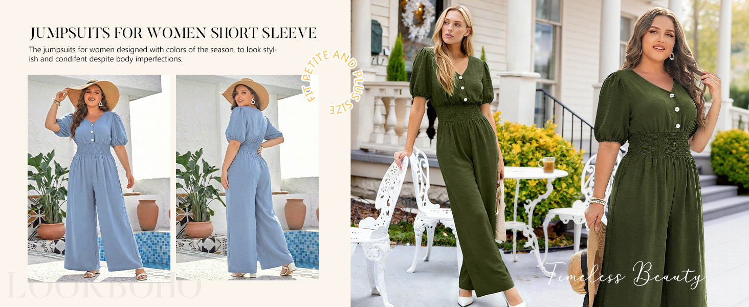 LOOKBOHO Womens Jumpsuits Short Sleeve V Neck Dressy Casual Wide Leg Pants Romper 2026 Summer One Piece Outfits