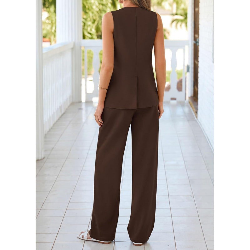 KIRUNDO Pant Suits for Women Dressy 2 Piece Business Casual Outfits Summer Sleeveless Blazer Vest Wide Leg Pantsuit Sets